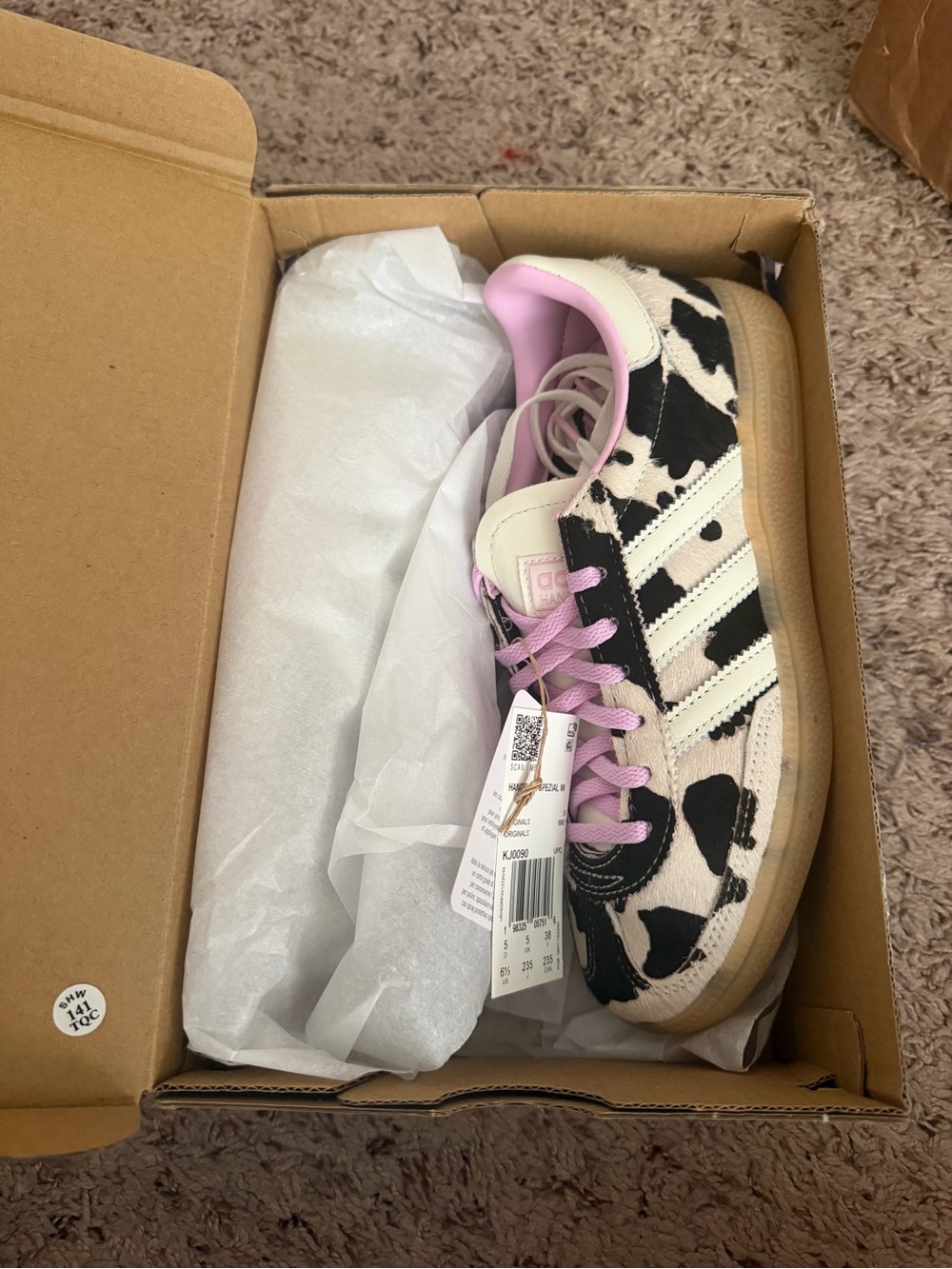 Women’s Adidas Handball Spezial Cow-Print Sneakers with Pink Accents